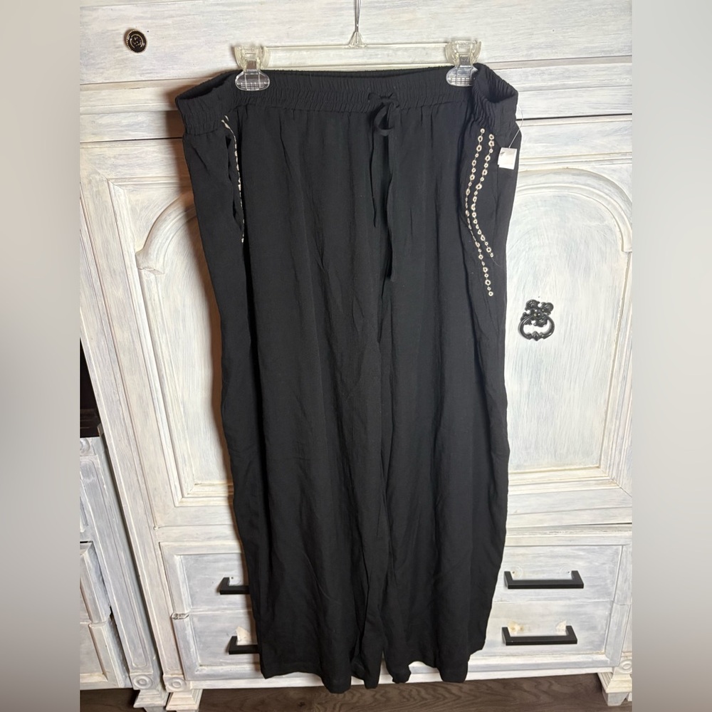 Calypso St Barth Black Gauzy Eyelet Wide Leg Pull On Pants Relaxed Boho Flowy